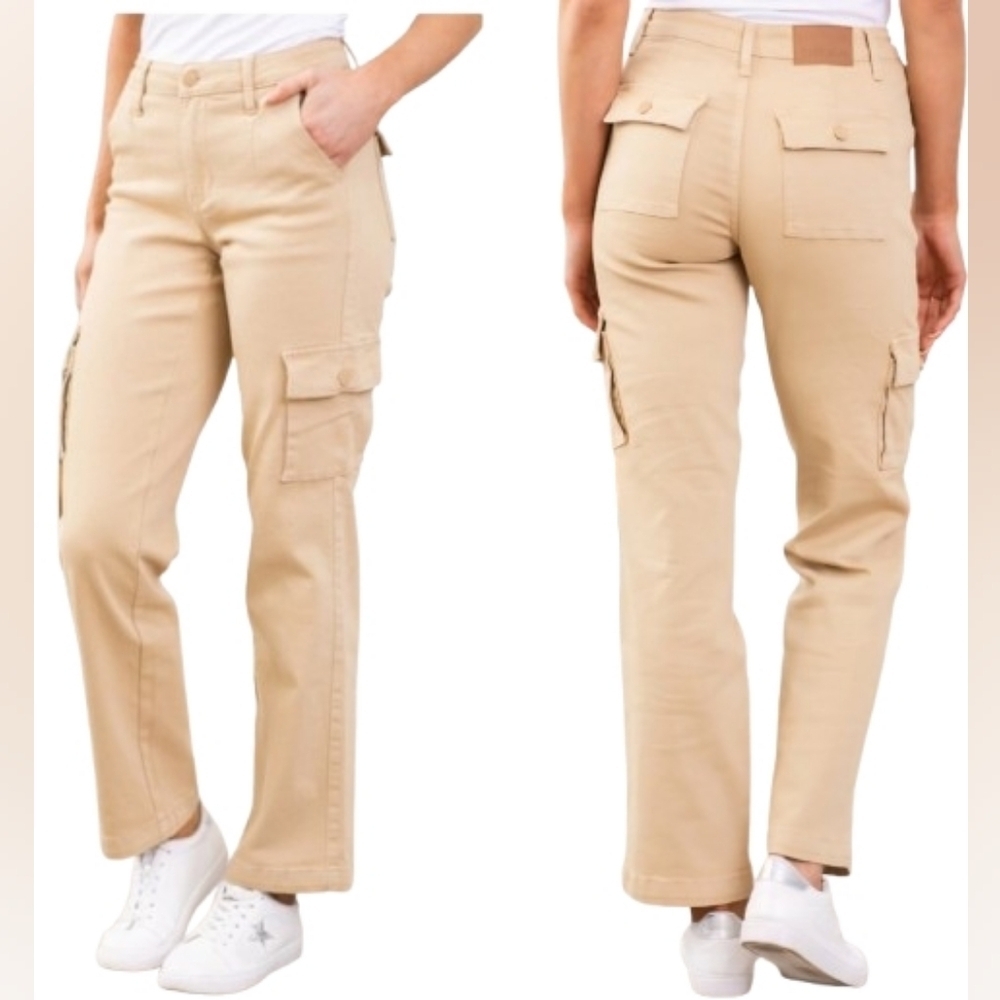 NWT Judy Blue Midrise Khaki Garment Dyed Cargo Straight Size 5/27 Flap Pockets